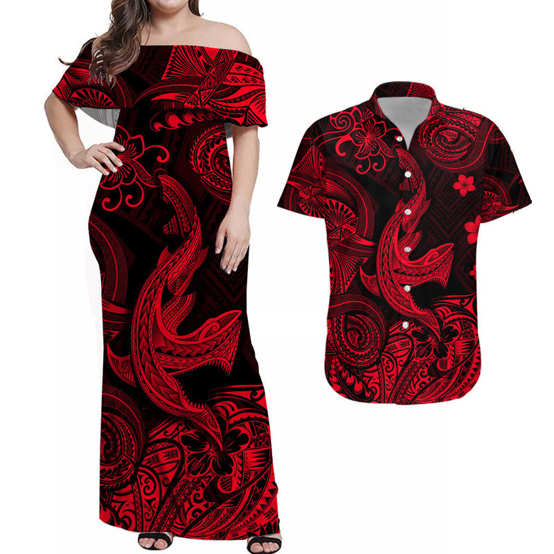 Hawaii Angry Shark Polynesian Combo Dress and Hawaiian Shirt Matching Couples Outfit Unique Style Red