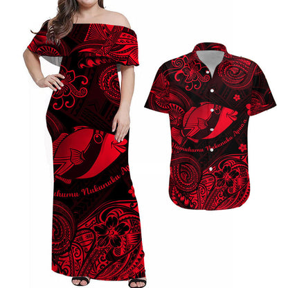 Hawaii State Fish: Humuhumu Nukunuku Apuaa Polynesian Combo Dress and Hawaiian Shirt Matching Couples Outfit Unique Style Red