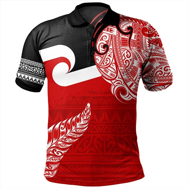 New Zealand Red Polo Shirt Polynesian Silver Fern Pattern Symbols Tattoo Shirt All Over Print