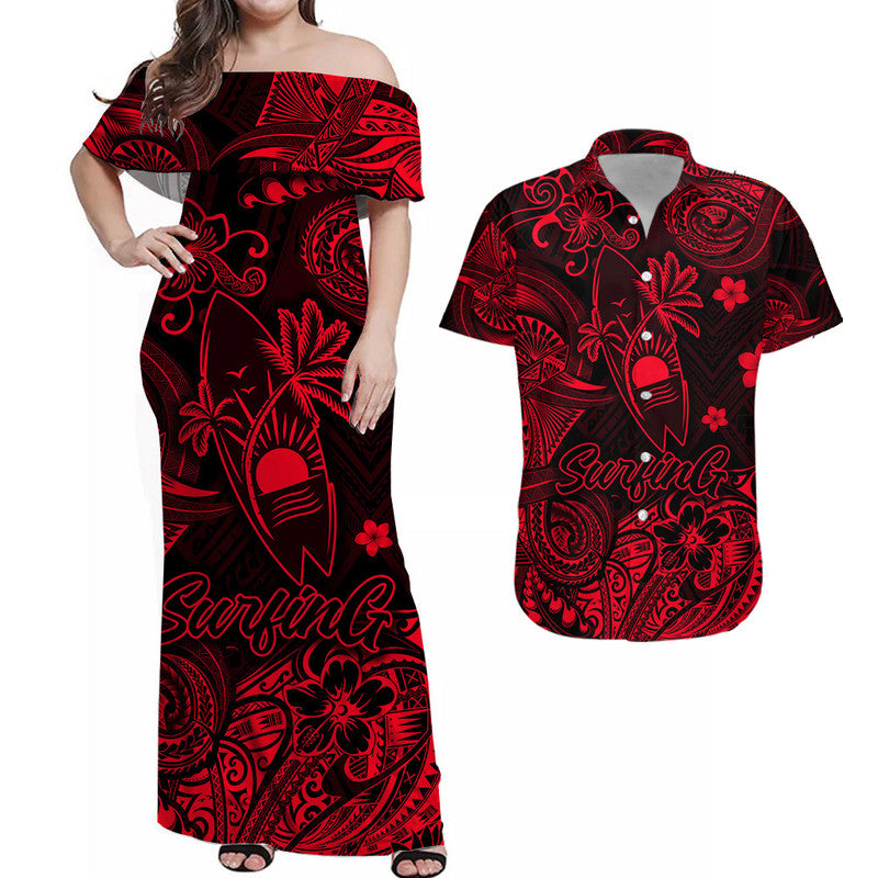 Hawaii Surfing Polynesian Combo Dress and Hawaiian Shirt Matching Couples Outfit Unique Style Red