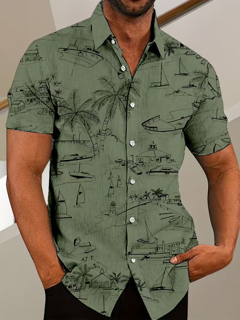 Beach Themed Pattern Print Men's Hawaiian Shirt Tropical Beach Short Sleeve Button Printed Shirt For Him