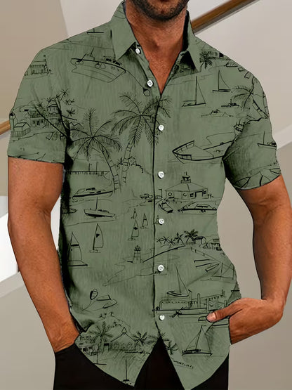 Beach Themed Pattern Print Men's Hawaiian Shirt Tropical Beach Short Sleeve Button Printed Shirt For Him