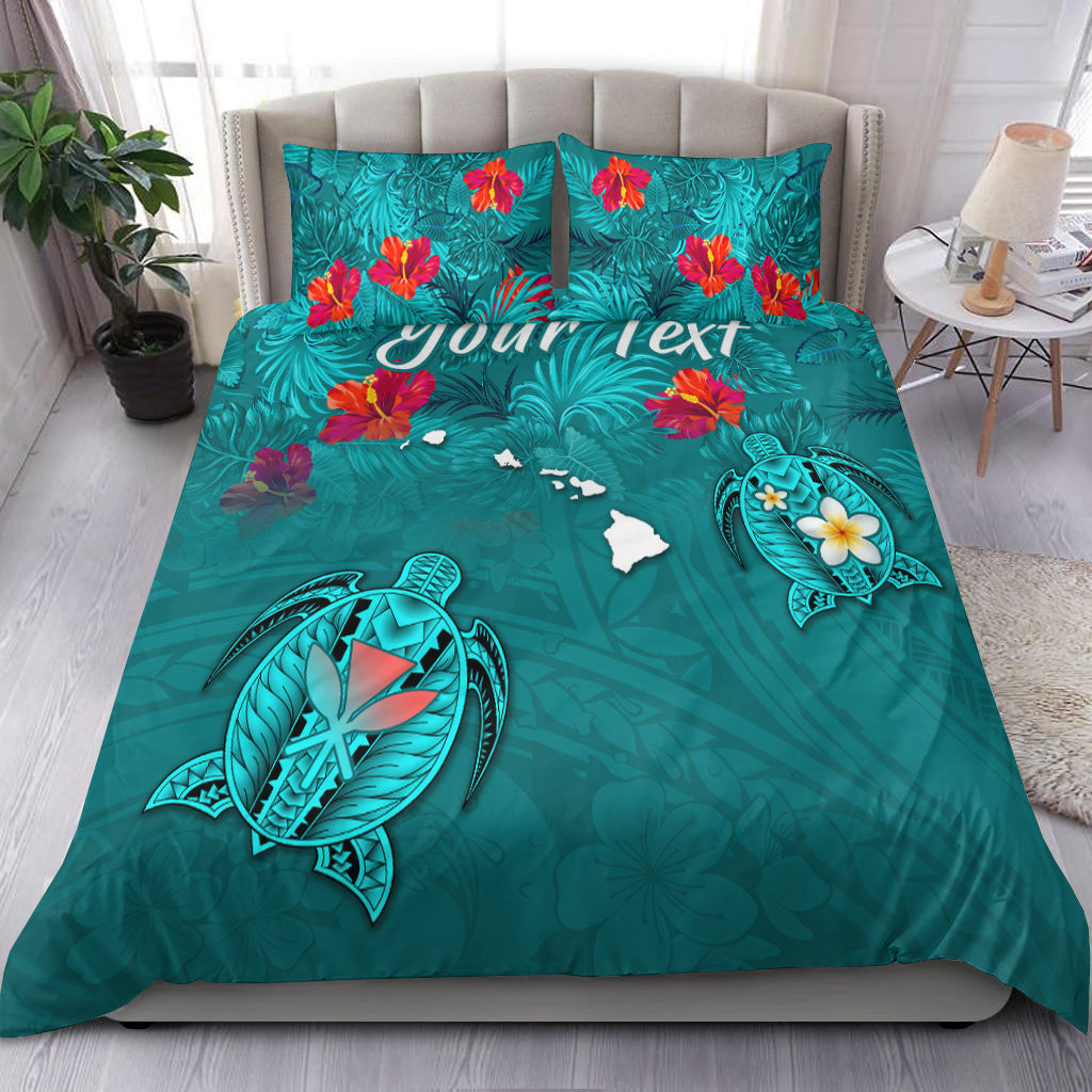 (Custom Personalised) Hawaiian Islands Bedding Set Hawaii Tropical Flowers and Turtles Turquoise