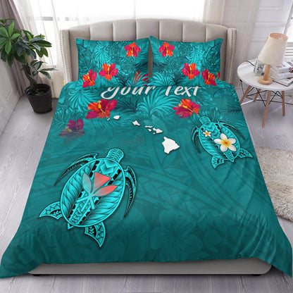 (Custom Personalised) Hawaiian Islands Bedding Set Hawaii Tropical Flowers and Turtles Turquoise