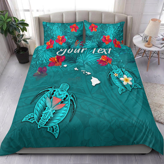 (Custom Personalised) Hawaiian Islands Bedding Set Hawaii Tropical Flowers and Turtles Turquoise