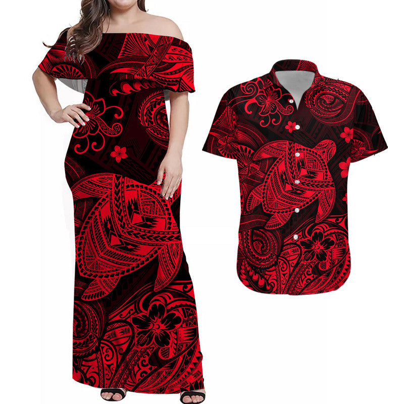 Hawaii Turtle Polynesian Combo Dress and Hawaiian Shirt Matching Couples Outfit Plumeria Flower Unique Style Red