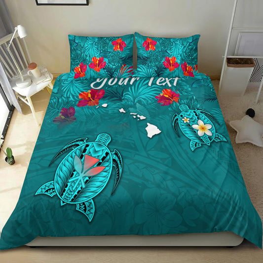 (Custom Personalised) Hawaiian Islands Bedding Set Hawaii Tropical Flowers and Turtles Turquoise