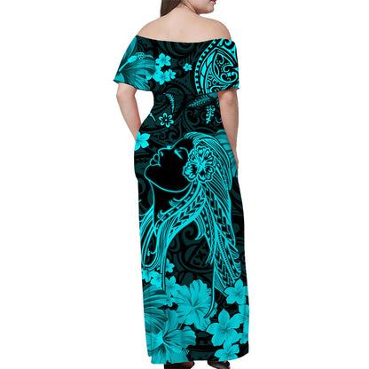 Hawaii Off Shoulder Long Dress Polynesia Turquoise Beautiful Hula Girl