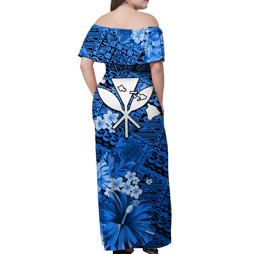 Custom Personalised Hawaii Off Shoulder Long Dress Map and Turtle Blue Flowers