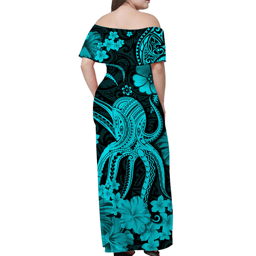Hawaii Off Shoulder Long Dress Polynesia Turquoise Octopus