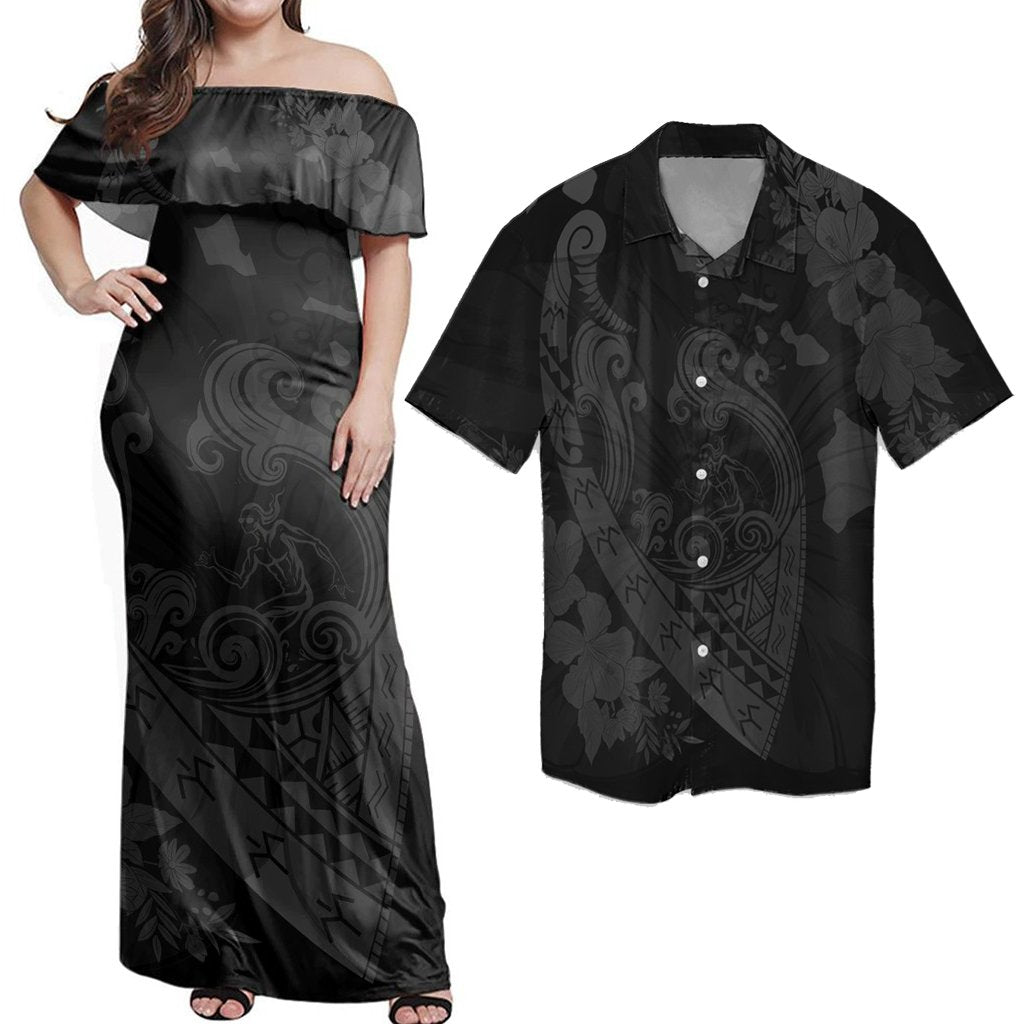 Matching Hawaiian Outfits Combo Dress And Shirt Hawaiian Fish Hook Hibiscus Banzai Surfing Polynesian Grey