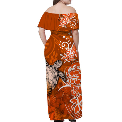 Custom Personalised Hawaii Off Shoulder Long Dress Polynesia Orange Sea Turtle Honu and Hibiscus