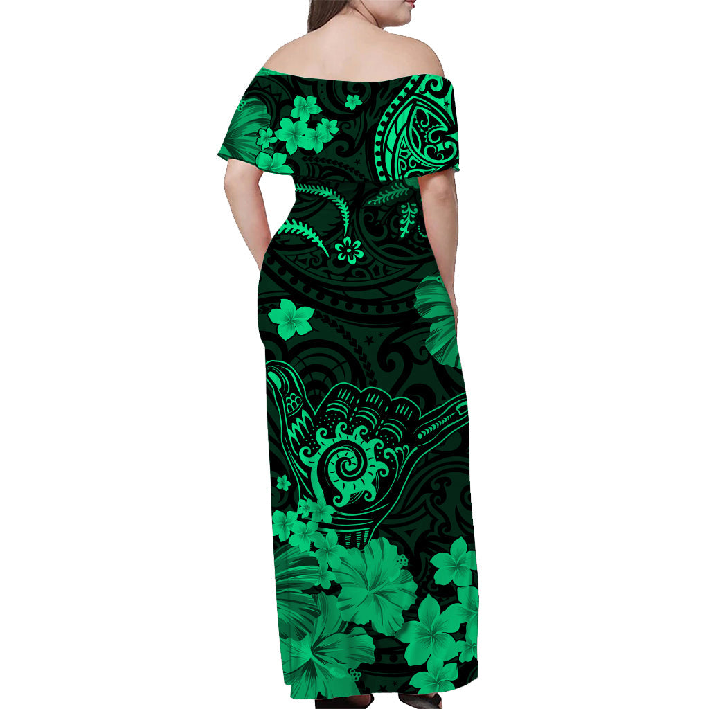 Hawaii Off Shoulder Long Dress Polynesia Green Cool Shaka Sign