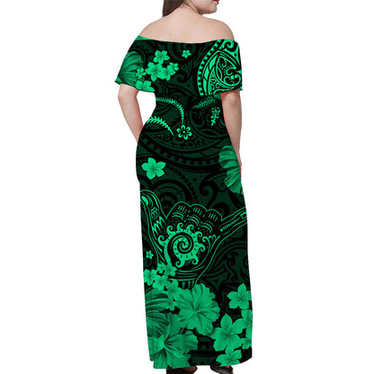 Hawaii Off Shoulder Long Dress Polynesia Green Cool Shaka Sign