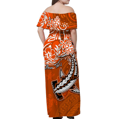 Custom Personalised Hawaii Off Shoulder Long Dress Polynesia Orange Sea Turtle Honu and Hammerhead Shark