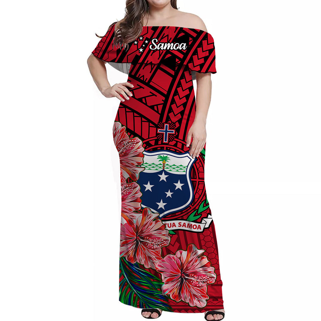 Samoa Off Shoulder Long Dress Hibiscus Flowers Red