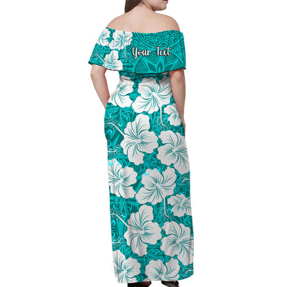 Custom Personalised Hawaii Off Shoulder Long Dress Turquoise Simple Tropical Flowers