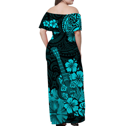 Hawaii Off Shoulder Long Dress Polynesia Turquoise Ukulele Flowers
