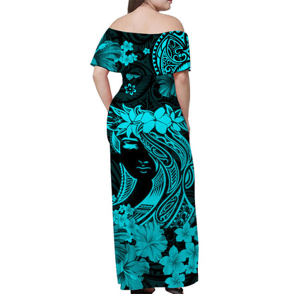 Hawaii Off Shoulder Long Dress Polynesia Turquoise Attractive Hula Girl