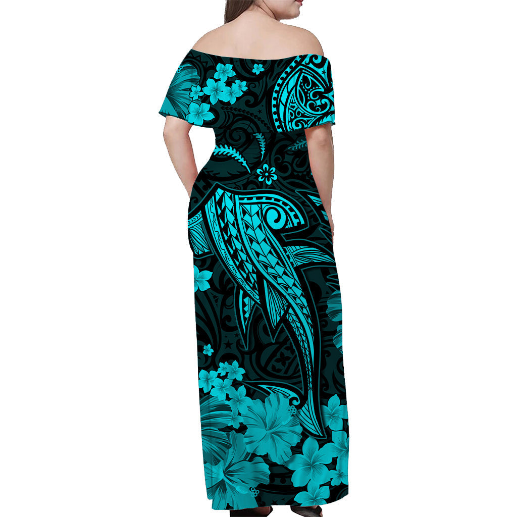 Hawaii Off Shoulder Long Dress Polynesia Turquoise Shark