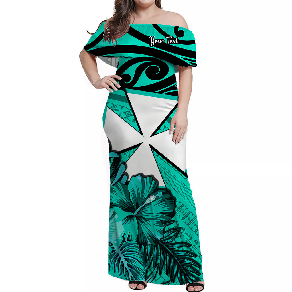 Custom Personalised Wallis et Futuna Off Shoulder Long Dress Hibiscus Flowers Turquoise