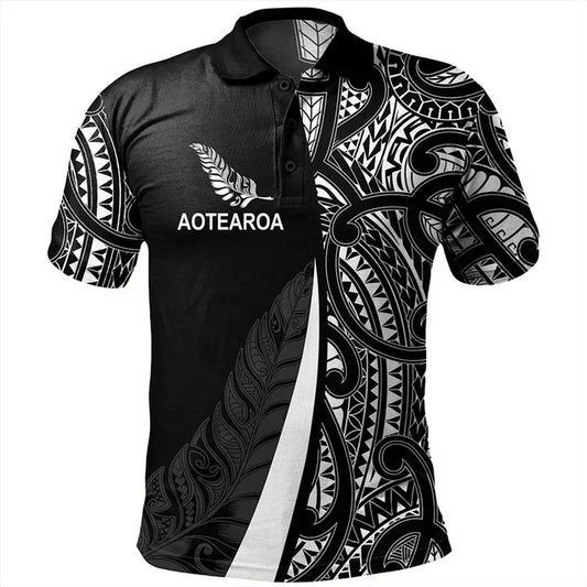 New Zealand Polo Shirt NZ Silver Fern Polynesian All Black Printed Shirt