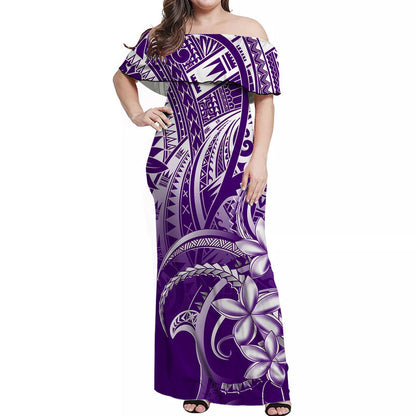 Polynesian Pride Off Shoulder Long Dress Polynesia Tribal Royal Purple