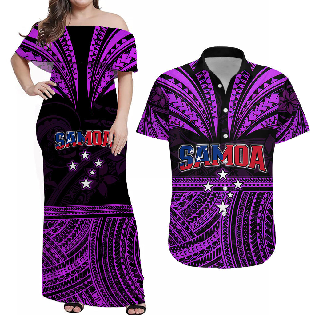 (Custom Personalised) Polynesian Couple Outfits Samoa Tatau Combo Dress and Hawaiian Shirt Purple Polynesian Proud Samoan