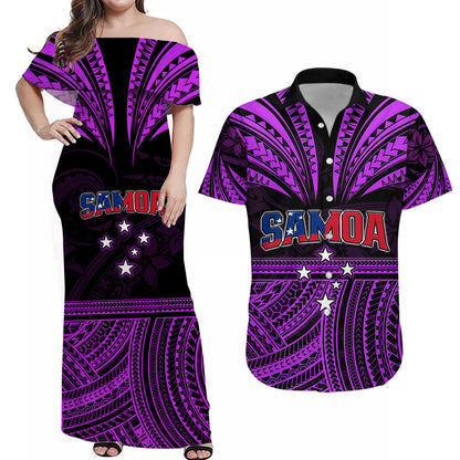 (Custom Personalised) Polynesian Couple Outfits Samoa Tatau Combo Dress and Hawaiian Shirt Purple Polynesian Proud Samoan