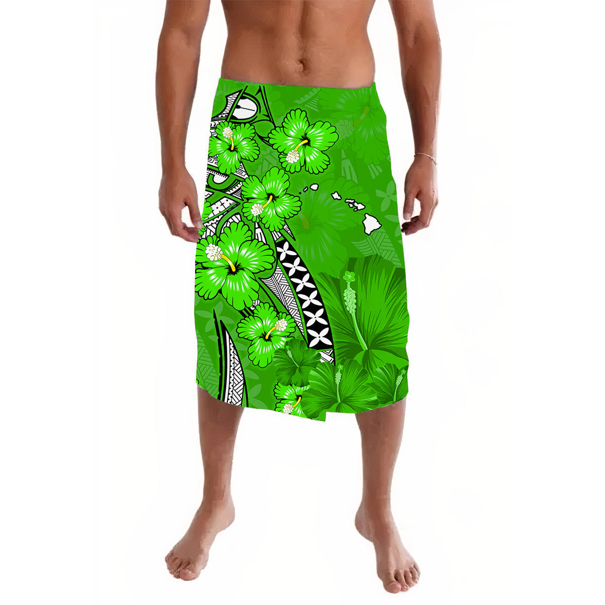 Hawaii Lavalava Polynesia Green Hibiscus and Map Mystical