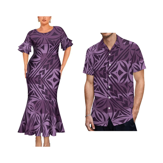 Polynesian Tribal Pattern Purple Matching Outfit For Couple Bodycon Mermaid Dress and Shirt For Her Him