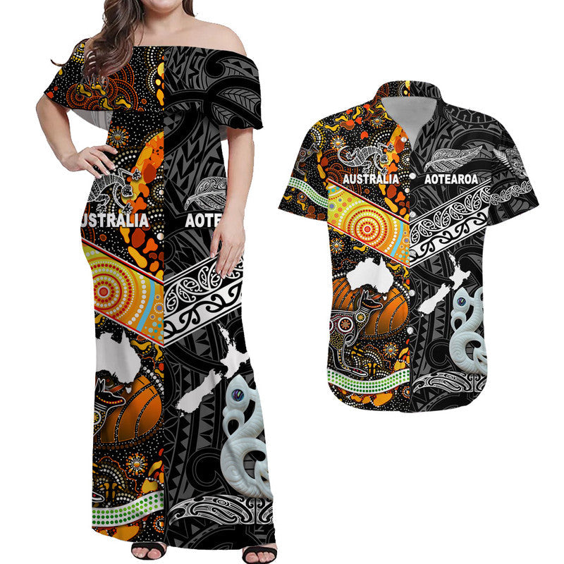 Matching Outfits For Couples New Zealand Maori Aotearoa And Australia Aboriginal Combo Dress And Shirt Together Black