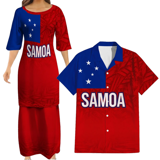 Samoa Flag Couple Outfit Matching Polynesian Tribal Pattern Red Dress And Hawaiian Shirt