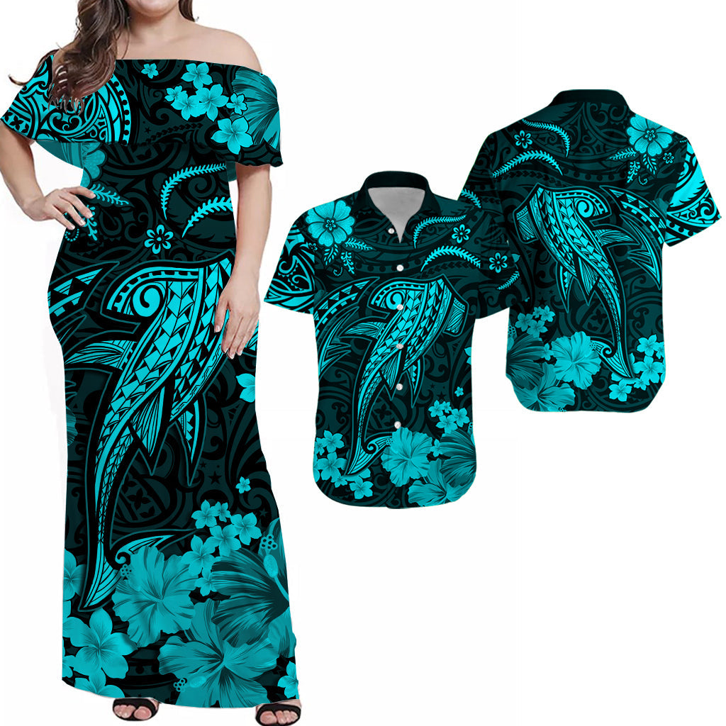 Hawaii Matching Clothes For Couples Hawaii Combo Dress and Hawaiian Shirt Polynesia Turquoise Shark