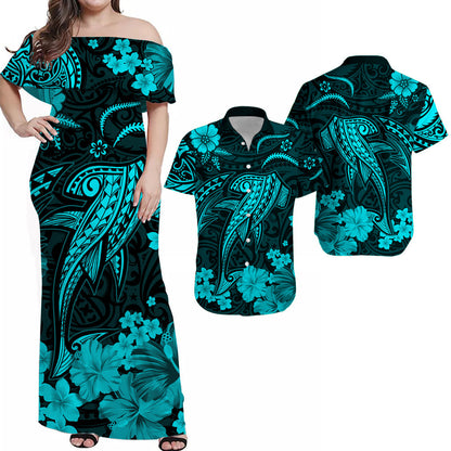 Hawaii Matching Clothes For Couples Hawaii Combo Dress and Hawaiian Shirt Polynesia Turquoise Shark