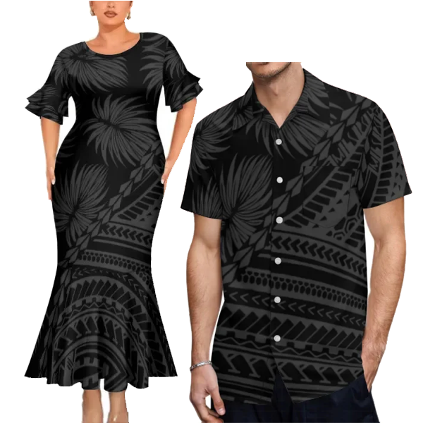 Polynesian Tribal Pattern Black Couples Matching Outfit Fishtail Skirt Dress And Shirt For Her Him