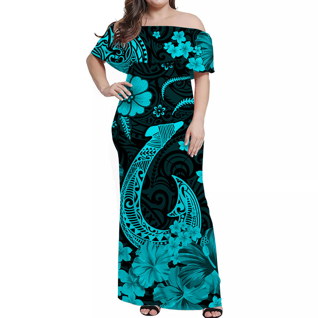 Hawaiian Matching Outfits For Couples Hawaii Combo Polynesia Tribal Fish Hook Turquoise Hawaii Dress and Hawaiian Shirt