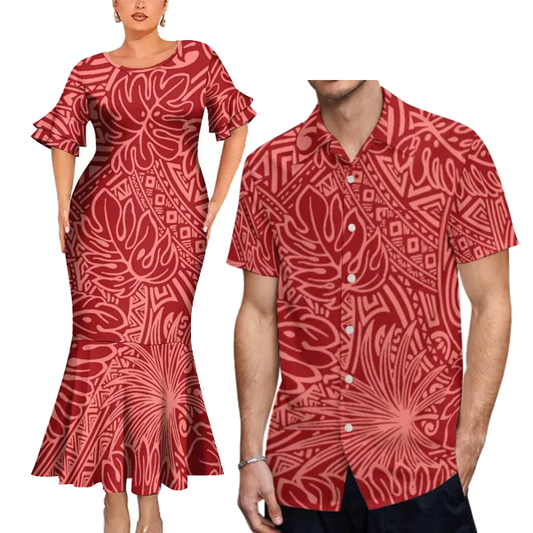 Tropical Pattern Polynesian Tribal Red Outfit For Couple Fishtail Skirt Dress And Hawaiian Shirt
