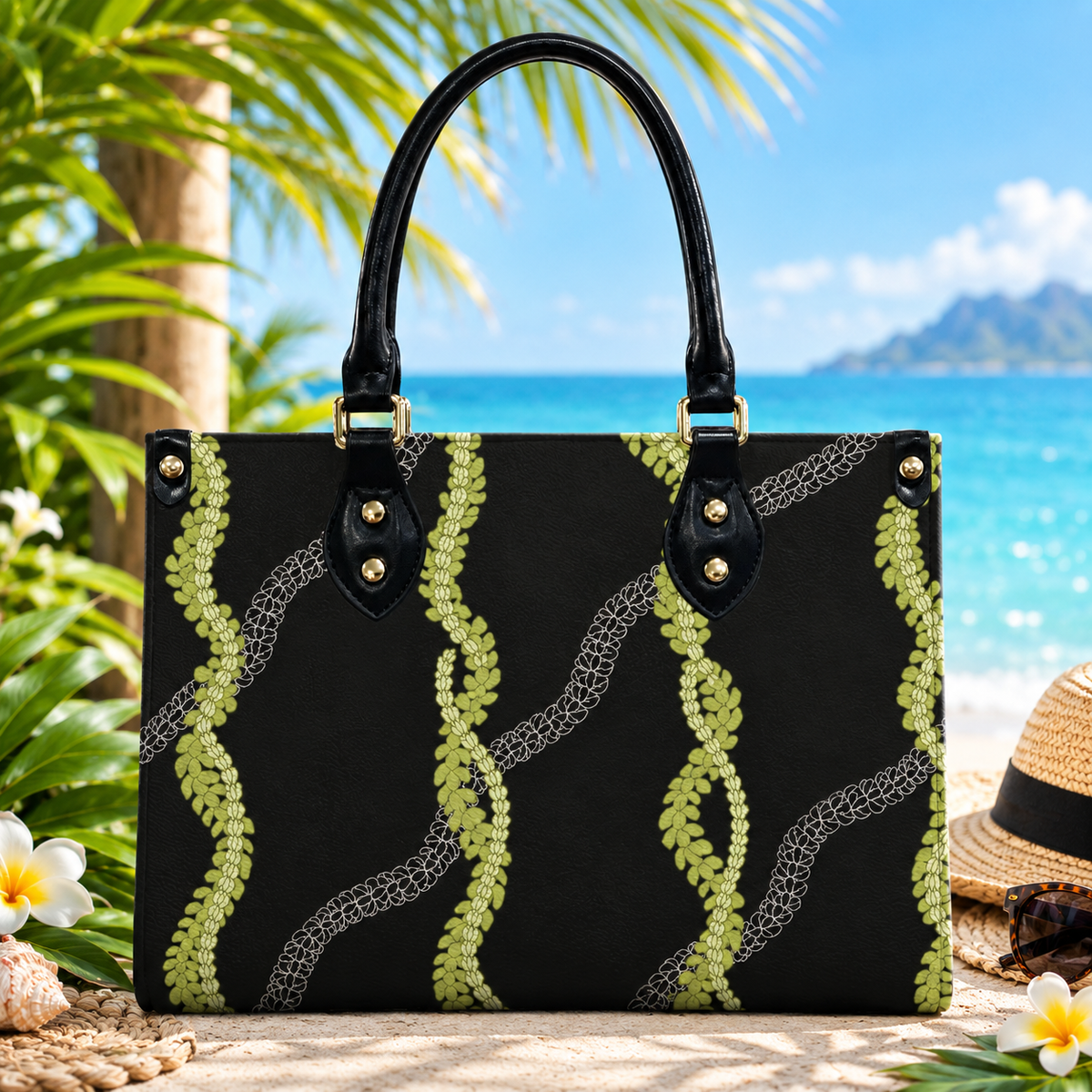 Tropical Puakenikeni Hawaiian Green Flower Lei Leather Handbag Gift For Her