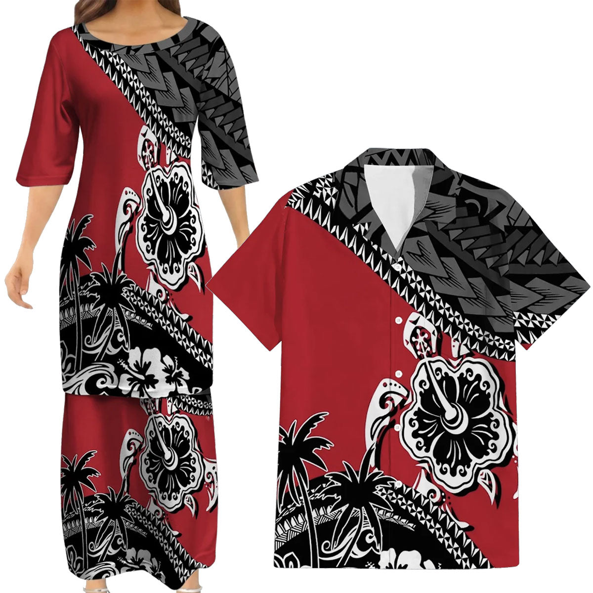 Polynesian Turtle Hibiscus Flowers Pattern Matching Outfit For Couple Island Puletasi Dress And Hawaiian Shirt For Her Him