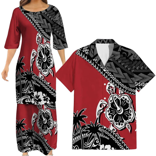 Polynesian Turtle Hibiscus Flowers Pattern Matching Outfit For Couple Island Puletasi Dress And Hawaiian Shirt For Her Him