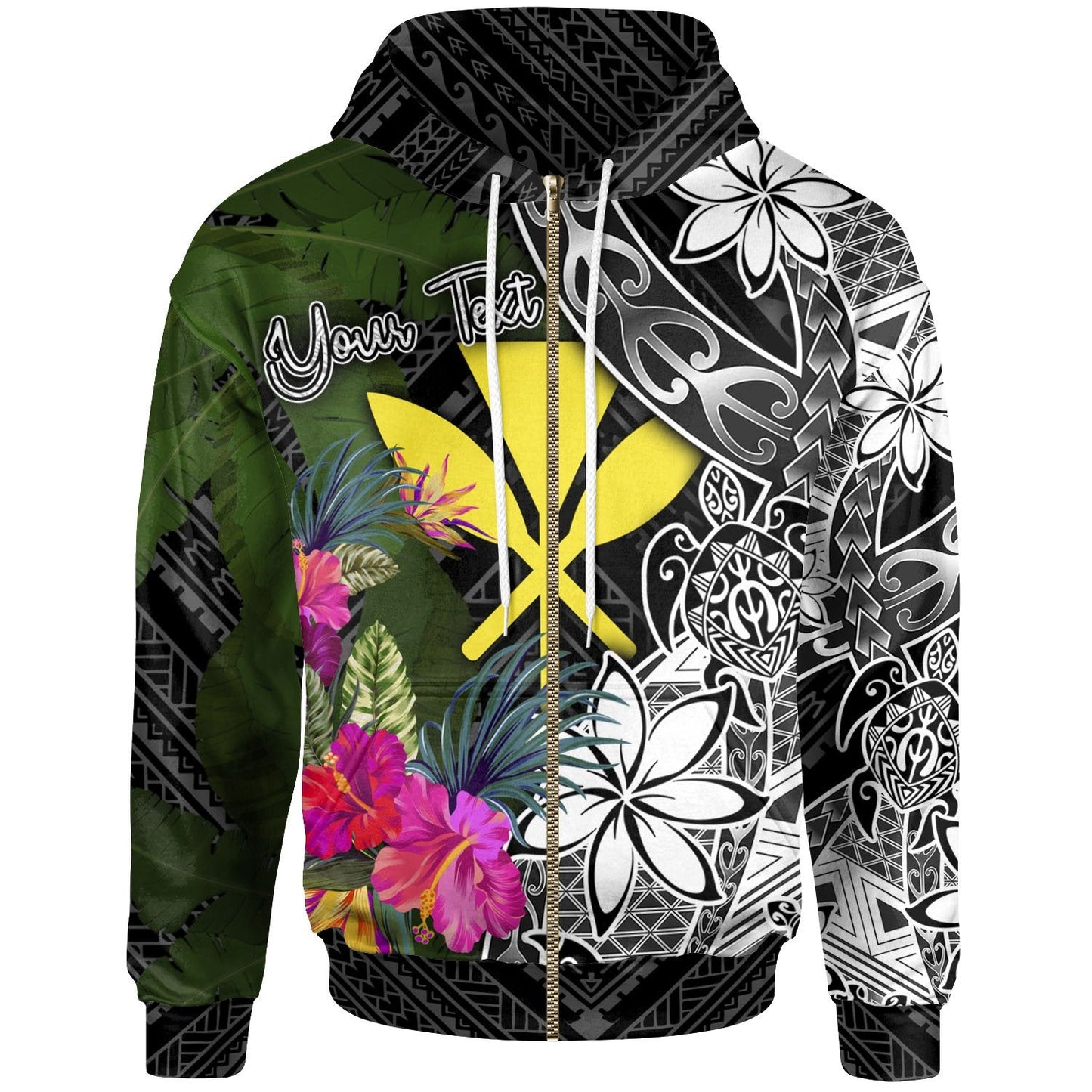 Custom Text Hawaii Custom Personalised Zip Up Hoodie Turtle Plumeria Banana Leaf