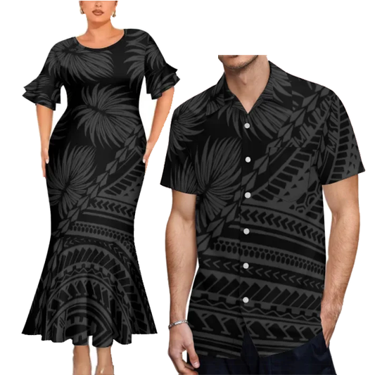 Polynesian Tribal Leaf Pattern Black Tropical Couples Matching Outfit Fishtail Skirt Dress And Shirt For Her Him