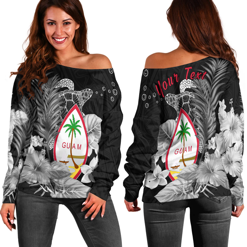 (Custom Personalised) Guam Seal Off Shoulder Sweater Polynesian Turtle with Flowers Version White