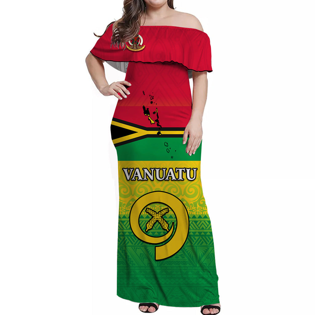 Vanuatu Color Off Shoulder Long Dress Six Provinces and Map