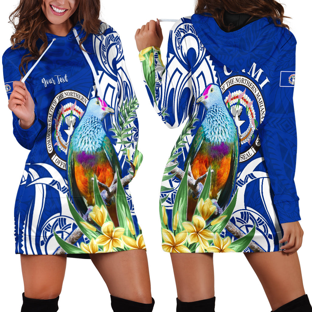 Custom Personalised Northern Mariana Islands Hoodie Dress Mariana Fruit Dove Mix Frangipani Flowers Blue