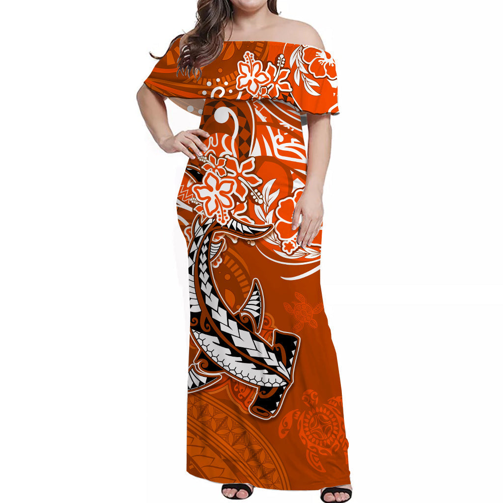 (Custom Personalised) Matching Hawaiian Outfits For Couples Combo Dress and Hawaiian Shirt Polynesia Orange Sea Turtle Honu and Hammerhead Shark