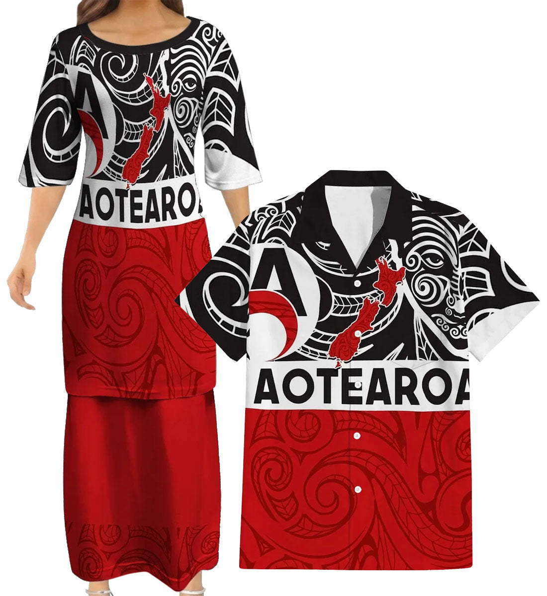 New Zealand Map Matching Outfit For Couple NZ Mask Pattern Red Dress And Hawaiian Shirt For Her Him
