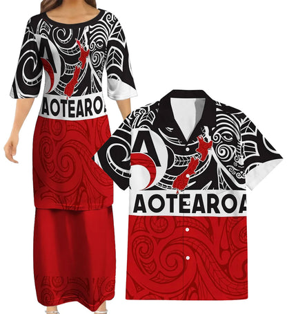 New Zealand Map Matching Outfit For Couple NZ Mask Pattern Red Dress And Hawaiian Shirt For Her Him