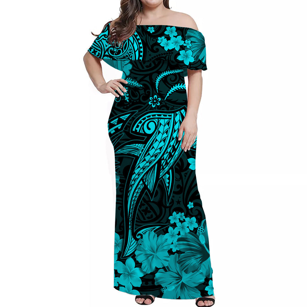 Hawaii Matching Clothes For Couples Hawaii Combo Dress and Hawaiian Shirt Polynesia Turquoise Shark